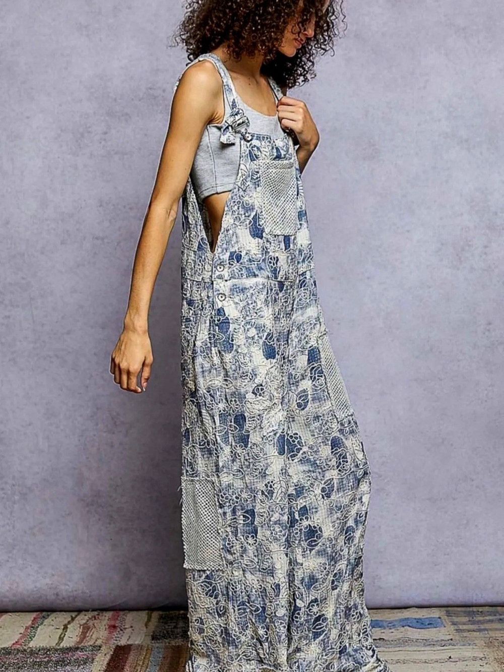 POL Blue and White Embroidered Wide-Leg Patchwork Overalls Sz S - Picture 2 of 16